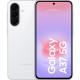 White Samsung Galaxy A73 5G smartphone shown from back and front, with a dual-tone design and left-aligned quad-camera module; front displays a colorful wallpaper.