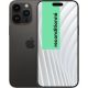 Front and back view of a black iPhone with a green 'reconditioned' label on the screen.