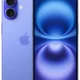 Purple iPhone with dual rear cameras and Apple logo; front screen shows a blue abstract wallpaper.