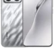 Dual-view image of a silver smartphone: back shows a square camera module with four lenses, front shows a curved edge-to-edge display with a centered hole-punch camera.