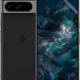 Google Pixel-style smartphone shown from front and back, highlighting a horizontal triple-camera bar on the rear and a teal abstract wallpaper on the screen
