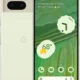 Front and back view of a pale green Google Pixel smartphone showing the home screen with weather widget and app icons, back camera pill visible.