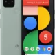 Google Pixel phone shown from front and back; gray-green finish, punch-hole front camera, square rear camera module, home screen with colorful wallpaper and apps.