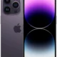 Purple iPhone 14 Pro shown from back and front, highlighting the triple-camera setup and purple finish with a gradient wallpaper on the screen