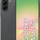 Samsung Galaxy A56G smartphone shown from back and front with gray finish and triple-camera rear array.