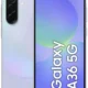 Samsung Galaxy A36 5G smartphone shown from front and back in lavender gradient with a triple-camera rear setup.