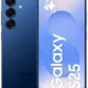 Blue Samsung Galaxy S25 smartphone, back and front views showing a triple-camera module and edge-to-edge display