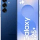Blue Samsung Galaxy S25+ smartphone showcased from back-left angle, featuring a triple-camera array and subtle gradient finish.