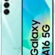 Samsung Galaxy smartphone in teal with a triple-camera rear array, shown from back, alongside a front view displaying a large edge-to-edge screen with a notch.