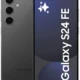 Samsung Galaxy S24 FE shown from back and front with triple-camera setup on gray finish.