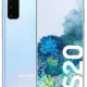 Samsung Galaxy S20 in light blue, showing both front edge-to-edge display and the rectangular rear camera module.