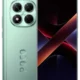 Mint-green Poco smartphone shown from back and front, featuring a square four-camera module and a large edge-to-edge display.