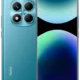 Teal Redmi smartphone shown from back and front, featuring a quad-camera module and a full-front edge-to-edge display.