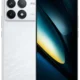 White smartphone shown from front and back; back features a square quad-camera module, front displays a dark blue gradient wallpaper.