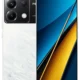 Smartphone with a large edge-to-edge screen and a triple-camera module on a white marble back, shown from front and back.
