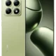 Green smartphone shown from back and front, with a quad-camera module in the top-left corner and a tall edge-to-edge display on the right.