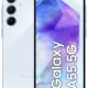 Samsung Galaxy smartphone shown from front and back in white with triple rear cameras and a colorful display on the screen, text reads Galaxy A55G/A55G on the screen (informative).