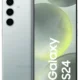 Front and back view of a Galaxy S24 smartphone showing a punch-hole front camera and triple rear cameras in a vertical array on a silver back.