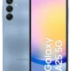 Blue Samsung Galaxy A25 5G smartphone shown from both sides, featuring a triple-camera rear array and a notched display on the front (gradient wallpaper).