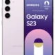 Samsung Galaxy S23 smartphone shown from front and back, with a triple-camera setup on the white back and a full-screen display on the front.