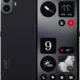 Back and front view of a black smartphone with dual rear cameras and an edge-to-edge display showing widgets and app icons.