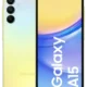 Front and back view of a yellow Samsung Galaxy A15 smartphone showing a triple-camera setup on the rear and a large display with a notch at the top front edge, gradient finish.