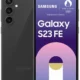 Samsung Galaxy S23 FE smartphone, front display on with purple wallpaper and 'Galaxy S23 FE' text, back shows a triple-camera setup on a dark gray finish.
