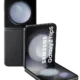 Samsung Galaxy Z Flip5 in a partially folded stance, showing the vertical dual-camera back and glossy black finish