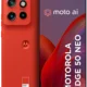 Red Motorola smartphone shown from front and back, featuring a triple camera module and Pantone label on the back, with the screen displaying 'moto ai' and 'EDGE 50 NEO' wording.