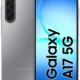 Front and back view of a silver Samsung Galaxy smartphone with a vertical triple-camera array on the left and a large edge-to-edge display on the right displaying the diagonal text 'Galaxy A75G'