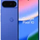 Blue Google Pixel 10 smartphone shown from rear and front, highlighting the triple-camera bar and Pixel 10 display in use on the screen.