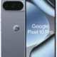 Front and back view of a gray Google Pixel 10 Pro phone, showing the punch-hole display and horizontal rear camera bar with Google logo.