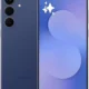 Blue Samsung Galaxy phone shown from both back and front, featuring three rear cameras on the left and a punch-hole selfie camera on a gradient blue display wallpaper.