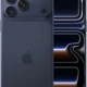 Blue iPhone with a triple-camera back system and carved Apple logo on a blue finish, front display shown beside it.