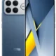 Blue POCO smartphone showing front display with punch-hole camera and back with quad-camera module.