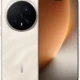 Gold Honor smartphone showing rear circular camera island with multiple lenses and flash; front view displays edge-to-edge screen with warm orange wallpaper, side-by-side