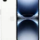 Front and back views of a white iPhone: back shows a single camera and Apple logo, front displays a blue abstract wallpaper with a notch.