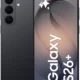 Samsung Galaxy S26+ shown front and back in dark gray, featuring a triple-camera rear array.