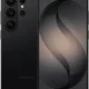 Black Samsung smartphone shown from front and back, featuring a quad-camera rear module and edge-to-edge display with a centered front camera hole.