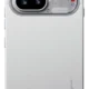 Rear view of a silver iPhone showing a large multi-lens camera module with two big lenses and a small sensor, plus a circular display with a white pixel pattern on the camera area.