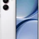 White smartphone shown from the back-left and front-right, featuring two rear cameras in black rings and a center flash on the white body with a black-framed display on the front.