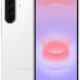 White Samsung smartphone shown from front and back, featuring a triple-camera rear setup and a centered punch-hole front camera on a vibrant display.