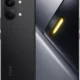Black Poco smartphone shown from the back and front, featuring a dual-camera module and a punch‑hole selfie camera on the display with a yellow accent light.