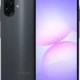 Samsung smartphone shown from front and back with a dual rear camera module on a dark gray finish and a purple gradient display on the screen, device oriented vertically.