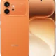 Orange Honor smartphone shown from the back with a dual-camera module and flash, brand name visible, plus the front display on the right side showing a gradient wallpaper.