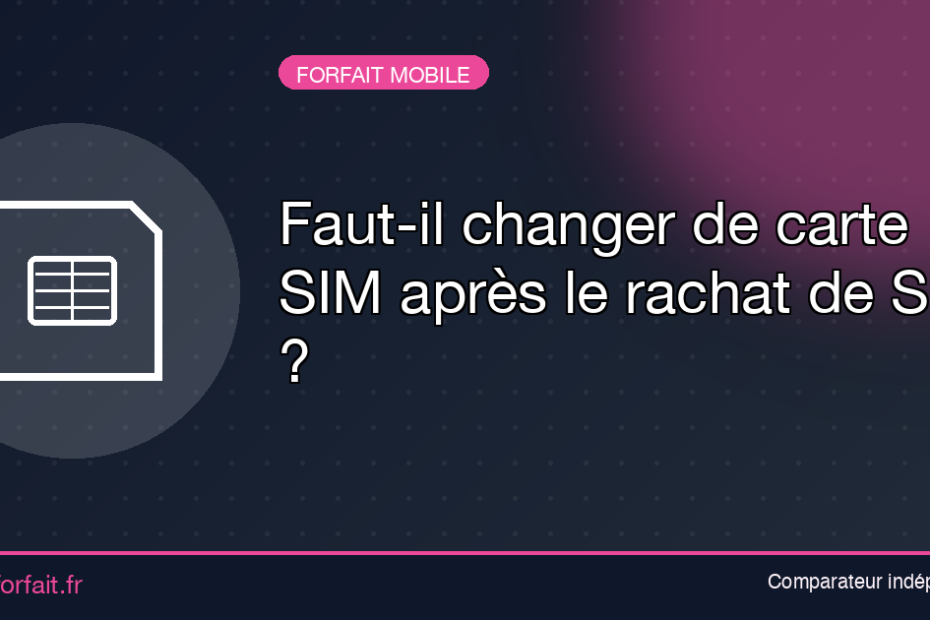 Faut-il changer de carte SIM après le rachat de SFR - Quel Forfait : Comparateur de forfaits Publicité: texte principal 'Faut-il changer de carte SIM après le rachat de SFR ?' avec icône de carte SIM dans un cercle gris sur fond bleu foncé à motifs; label 'FORFAIT MOBILE' en haut et lien quel-forfait.fr en bas.