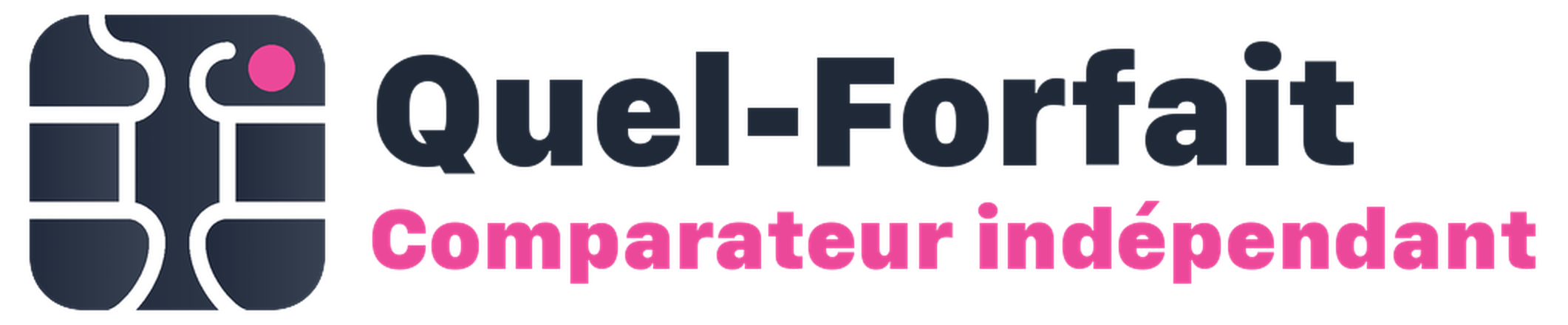 Quel-Fortait logo with a dark blue circuit-pattern square icon on the left and the text 'Quel-Fortait' with a pink 'Comparer indépendant' subtitle on the right.