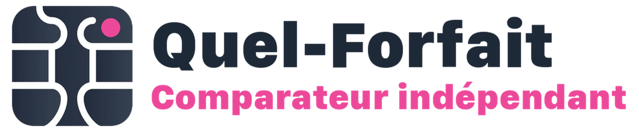 Quel-Fortait logo with a dark blue circuit-pattern square icon on the left and the text 'Quel-Fortait' with a pink 'Comparer indépendant' subtitle on the right.