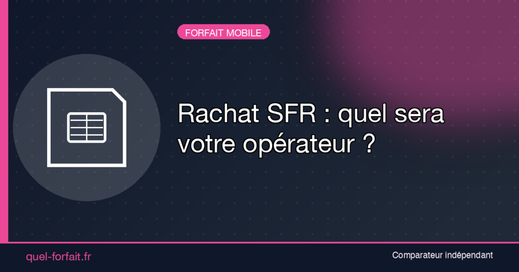 Rachat SFR 2026 quel opérateur récupère votre ligne mobile - Quel Forfait : Comparateur de forfaits - Quel Forfait : Comparateur de forfaits Banner announcing the article 'Rachat SFR : quel sera votre opérateur ?' with a left SIM-card icon and pink accents.
