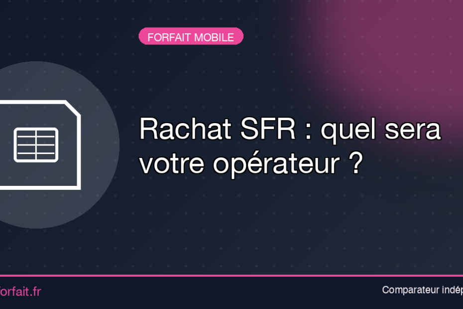 Rachat SFR 2026 quel opérateur récupère votre ligne mobile - Quel Forfait : Comparateur de forfaits Banner announcing the article 'Rachat SFR : quel sera votre opérateur ?' with a left SIM-card icon and pink accents.